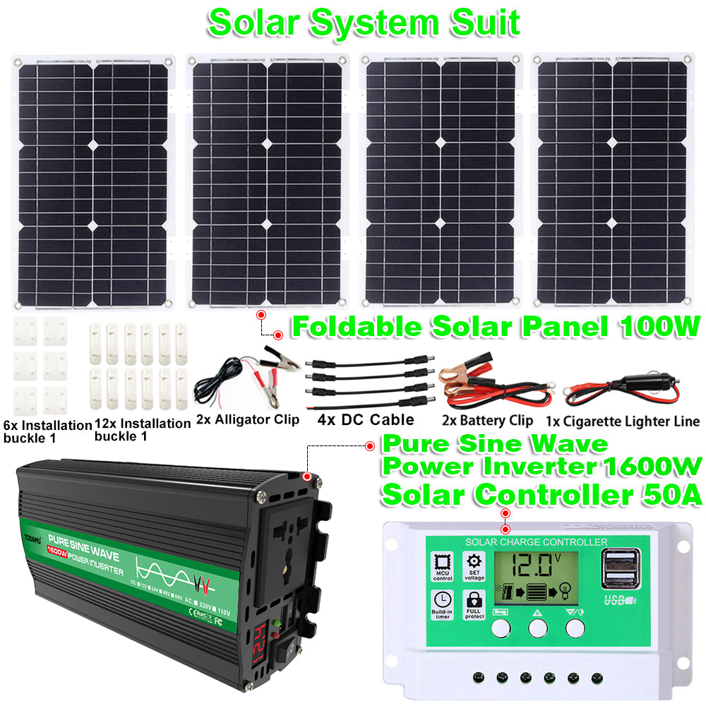1600W 12V to 110V/220V Pure Sine inverter With Solar Panel and 50A 12V/24V Solar Controller