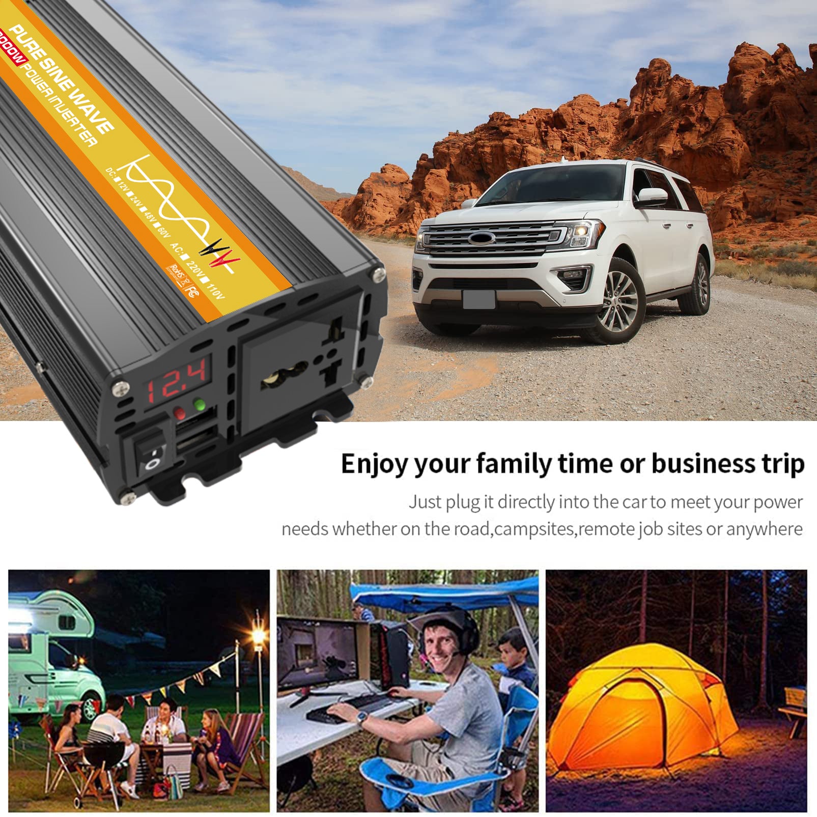 Power inverter with car and outdoor usage scenarios in a desert setting