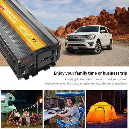 Power inverter with car and outdoor usage scenarios in a desert setting