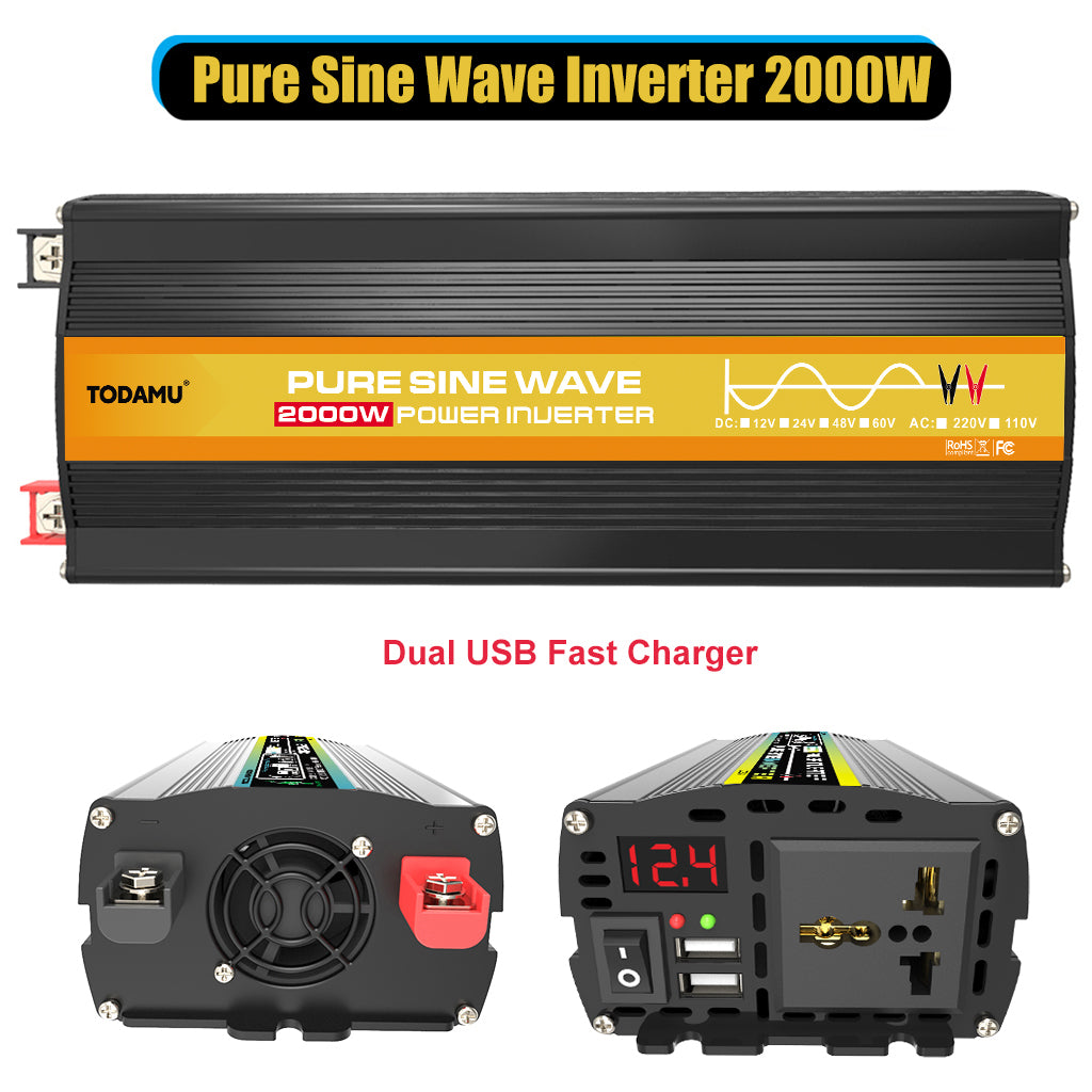 Pure sine wave inverter with dual USB fast charger on a white background