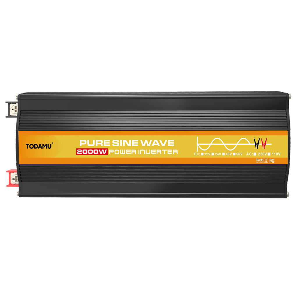 Todamu pure sine wave power inverter with orange and black design on a white background