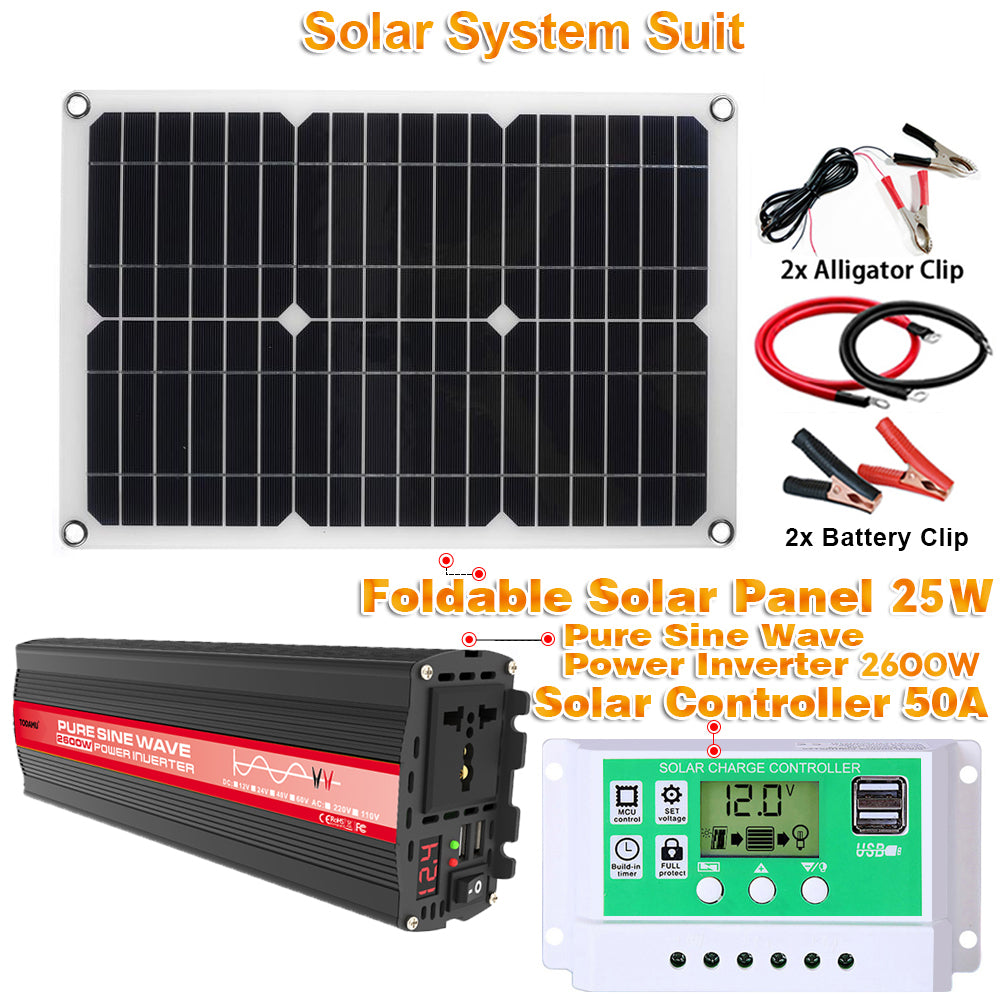 2600W 12V Wechselrichter mit 50W Solarpanel und 50A Laderegler