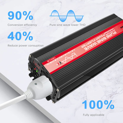 Power inverter with text highlighting conversion efficiency and features on a light gray background