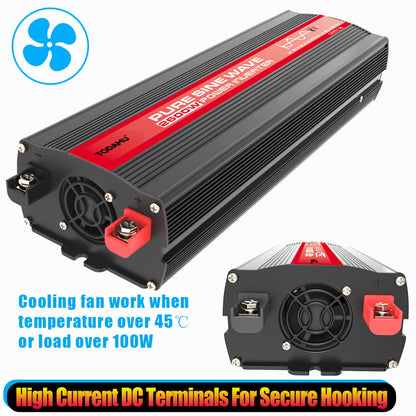 Power inverter with cooling fan and high current DC terminals on a white background