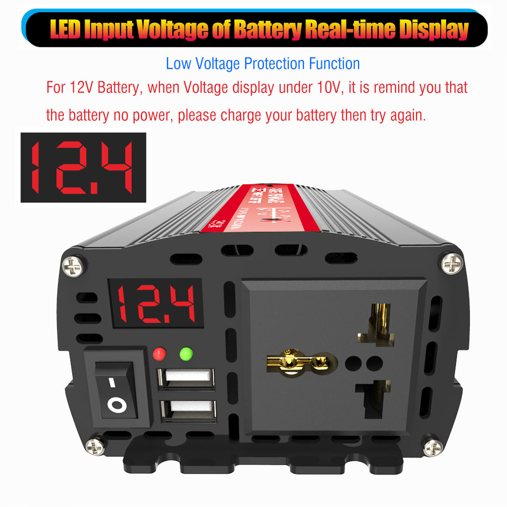 Power inverter with LED display showing voltage on a white background