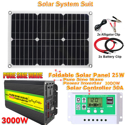 12V auf 220V/110V 3000W Reiner Sinus Wechselrichter mit Solarpanel und 50A Solarregler