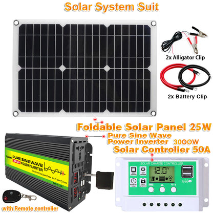 12V auf 220V/110V 3000W Reiner Sinus Wechselrichter mit Solarpanel und 50A Solarregler