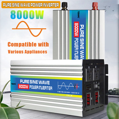 8000W pure sine wave power inverters with compatible appliances text on a white background
