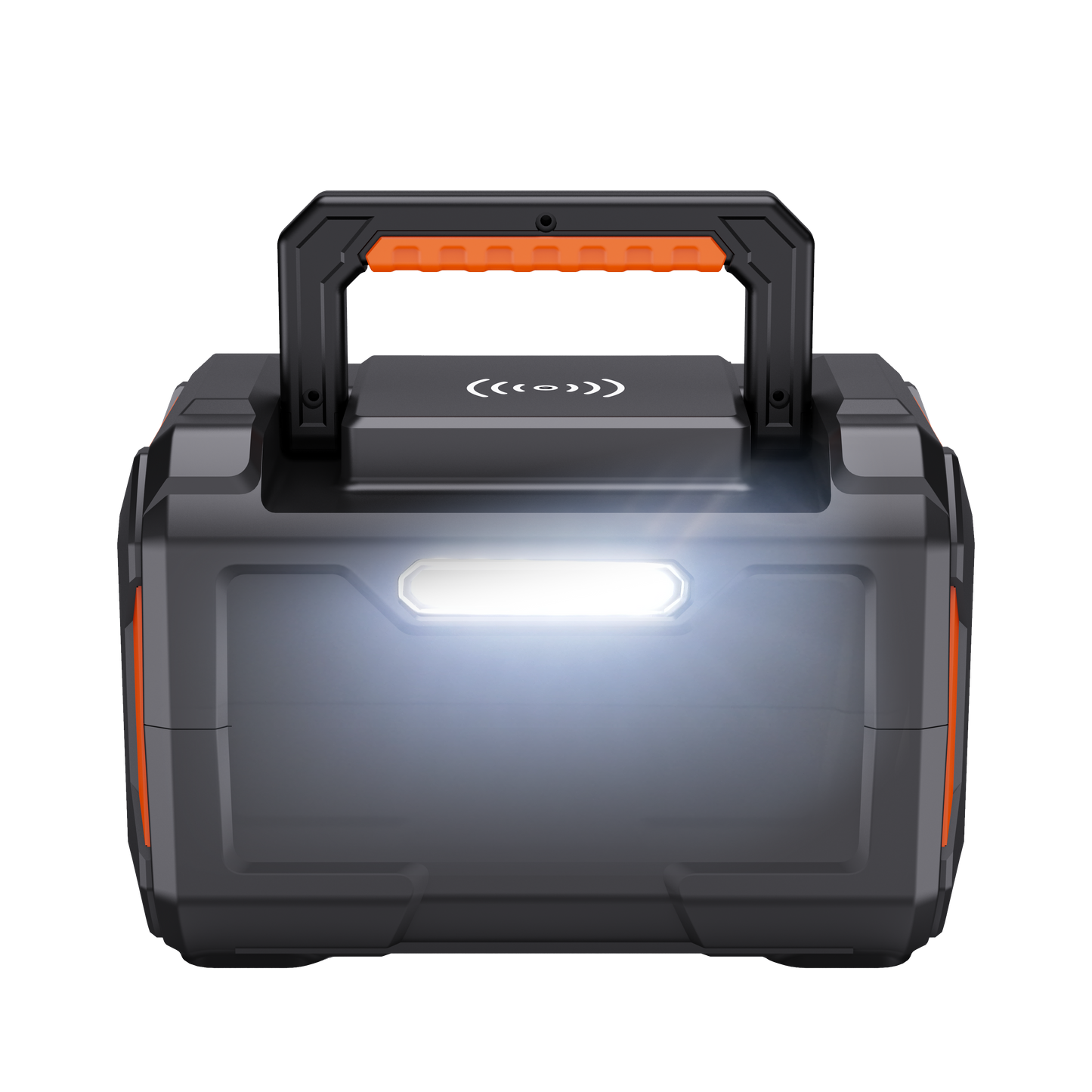 Portable power station with a light on a white background