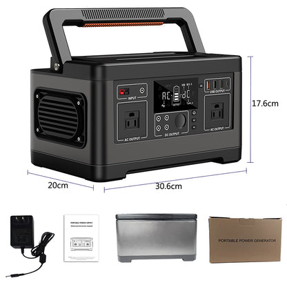 Portable power station with dimensions and accessories on a white background