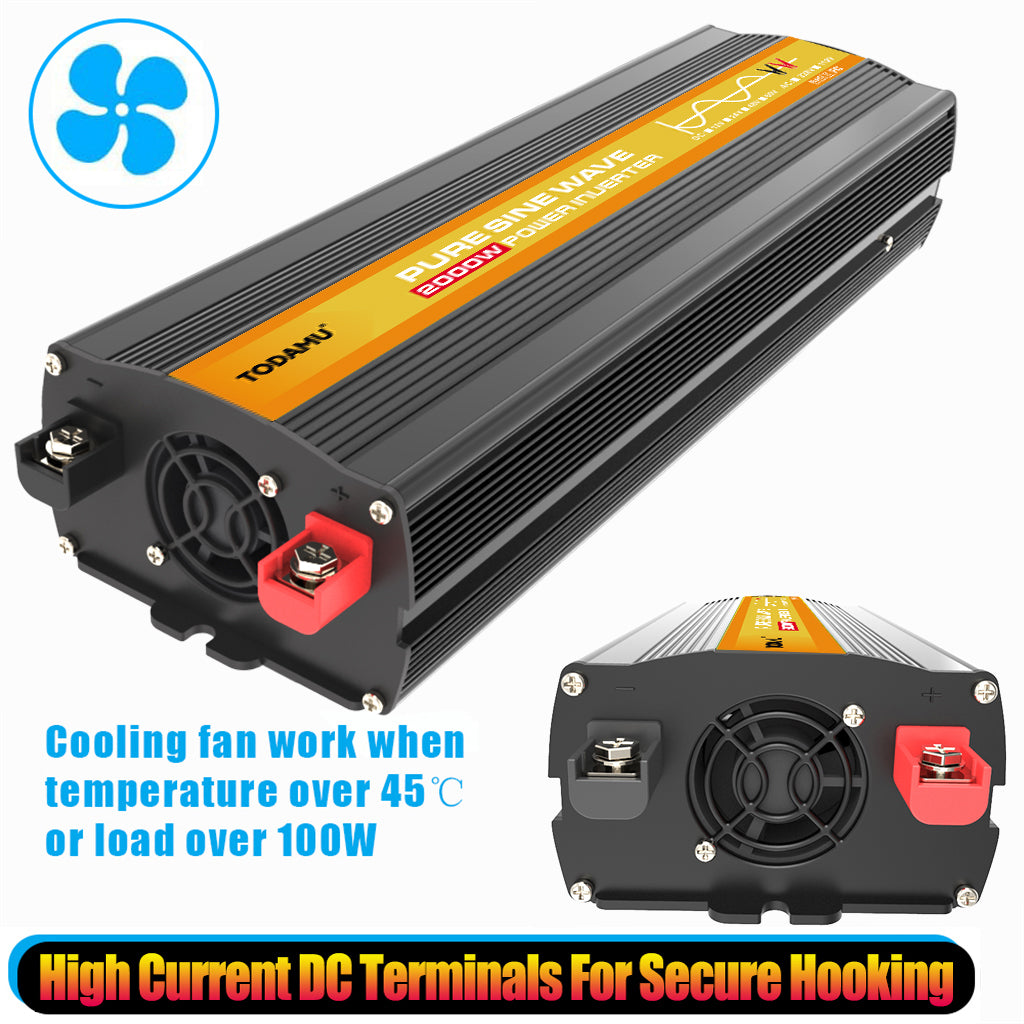 Power inverter with cooling fan and high current DC terminals on a white background