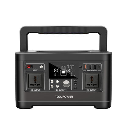 Black power station with multiple outlets and display on a white background