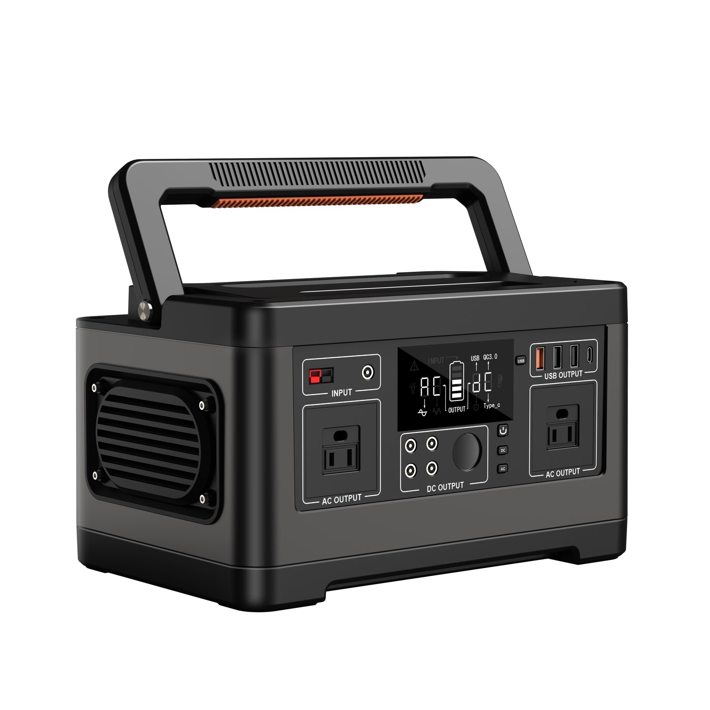 Black portable power station with multiple outlets and display on a white background