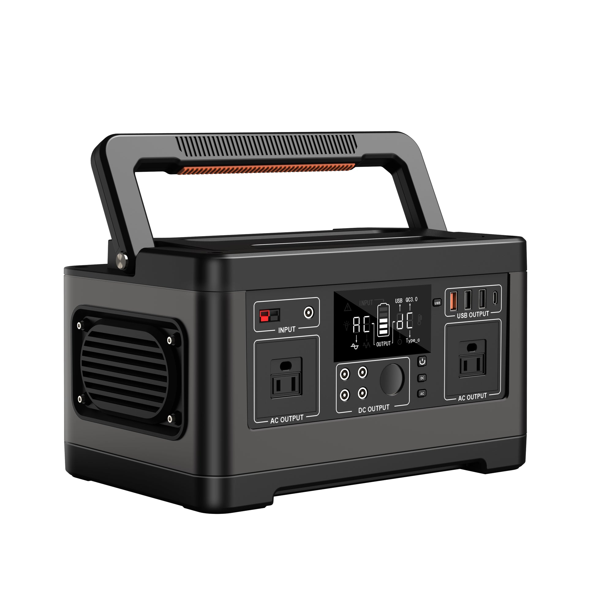 Black portable power station with multiple outlets and display on a white background