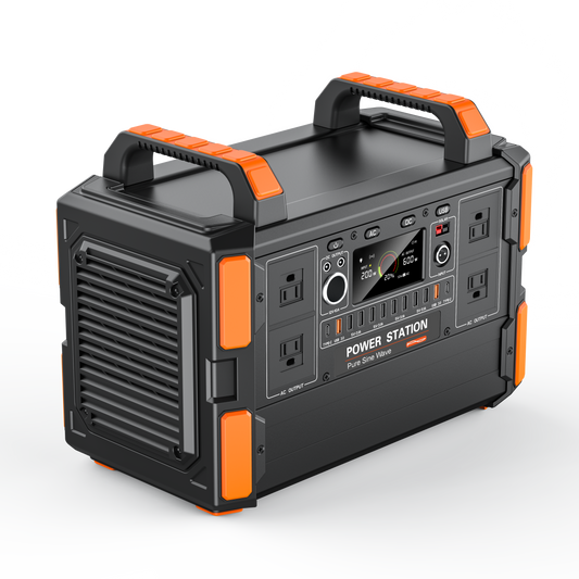 Portable power station with orange accents on a white background
