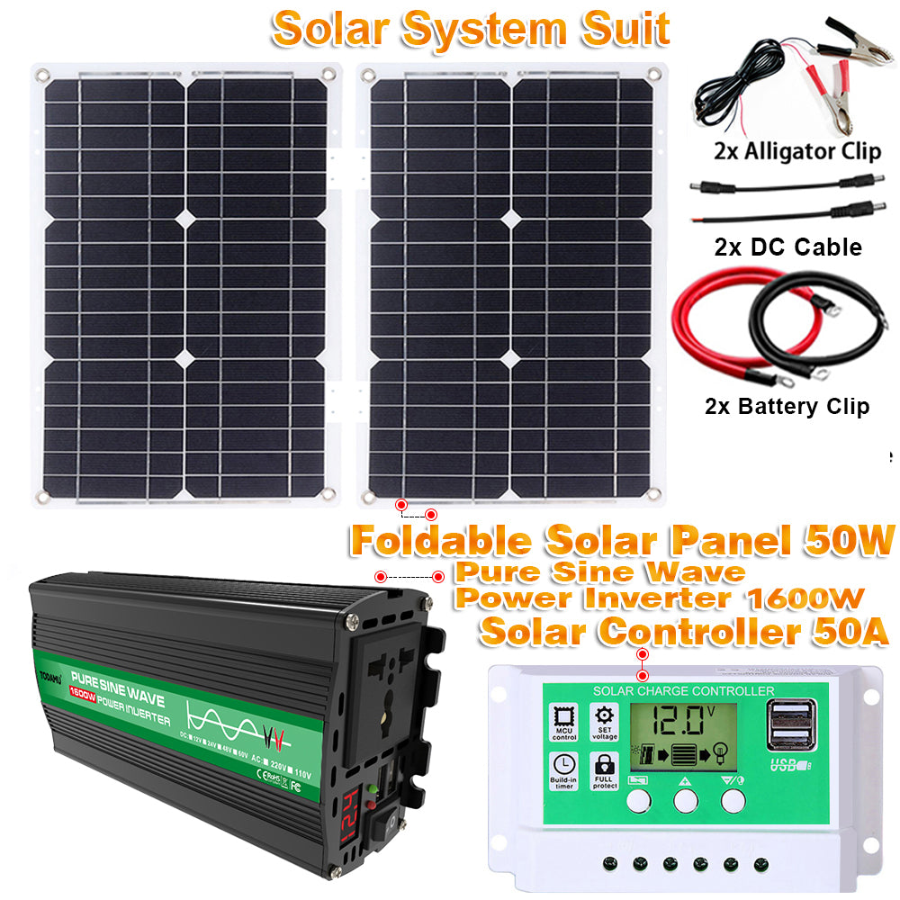 1600W 12V to 110V/220V Pure Sine inverter With Solar Panel and 50A 12V/24V Solar Controller