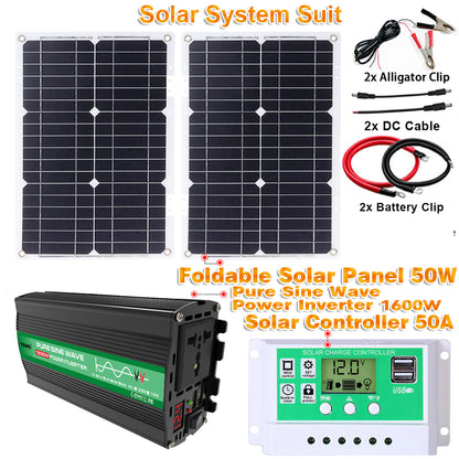 1600W 12V to 110V/220V Pure Sine inverter With Solar Panel and 50A 12V/24V Solar Controller