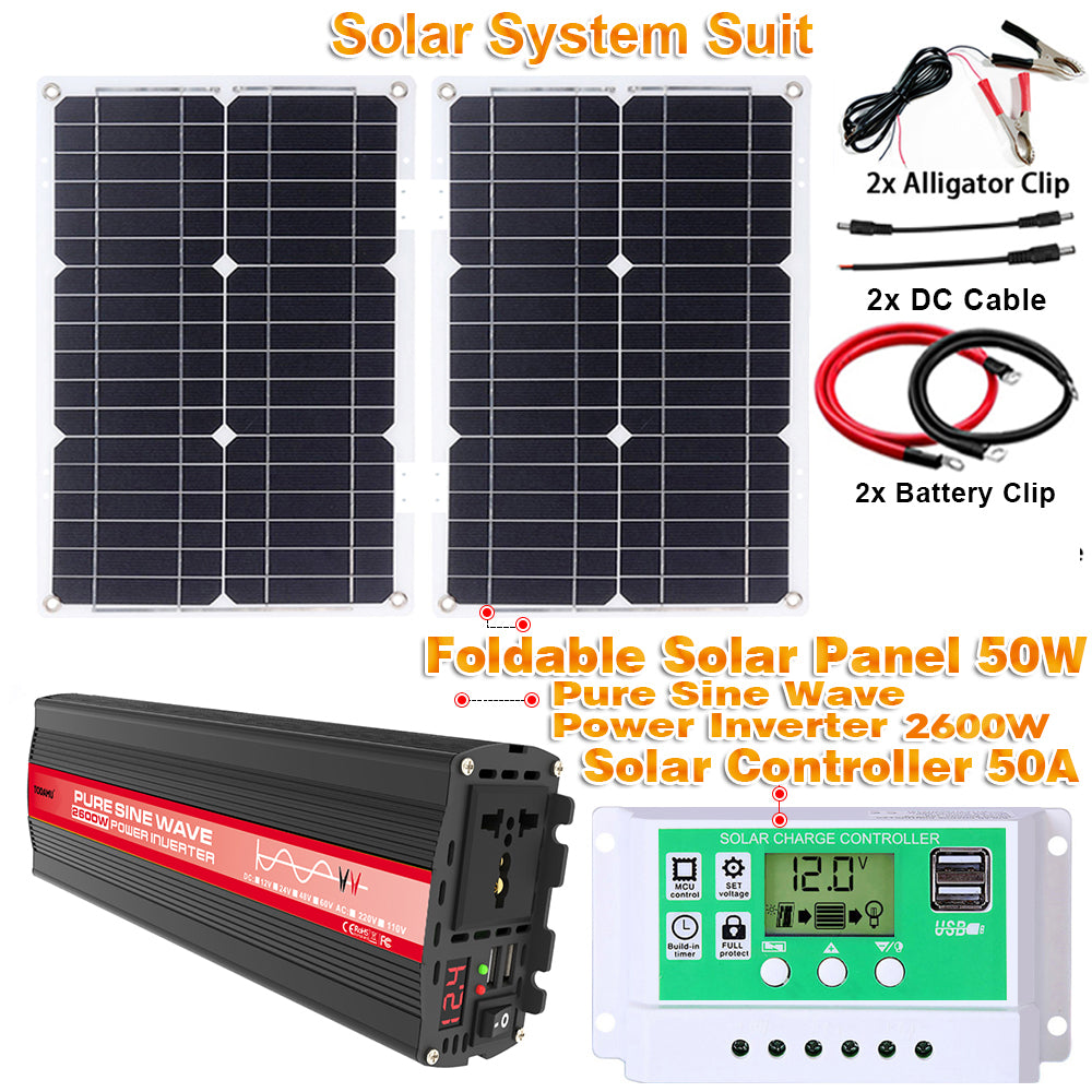 2600W 12V Wechselrichter mit 50W Solarpanel und 50A Laderegler
