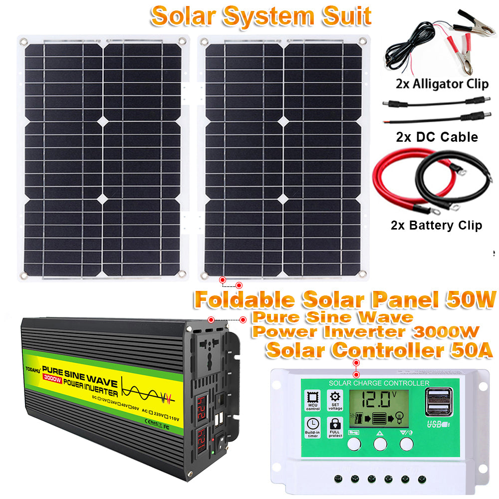 12V auf 220V/110V 3000W Reiner Sinus Wechselrichter mit Solarpanel und 50A Solarregler