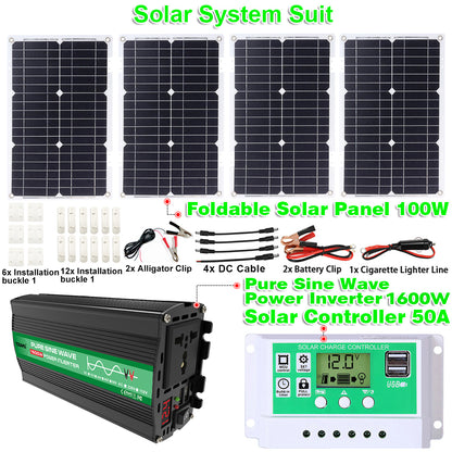 1600W 12V to 110V/220V Pure Sine inverter With Solar Panel and 50A 12V/24V Solar Controller