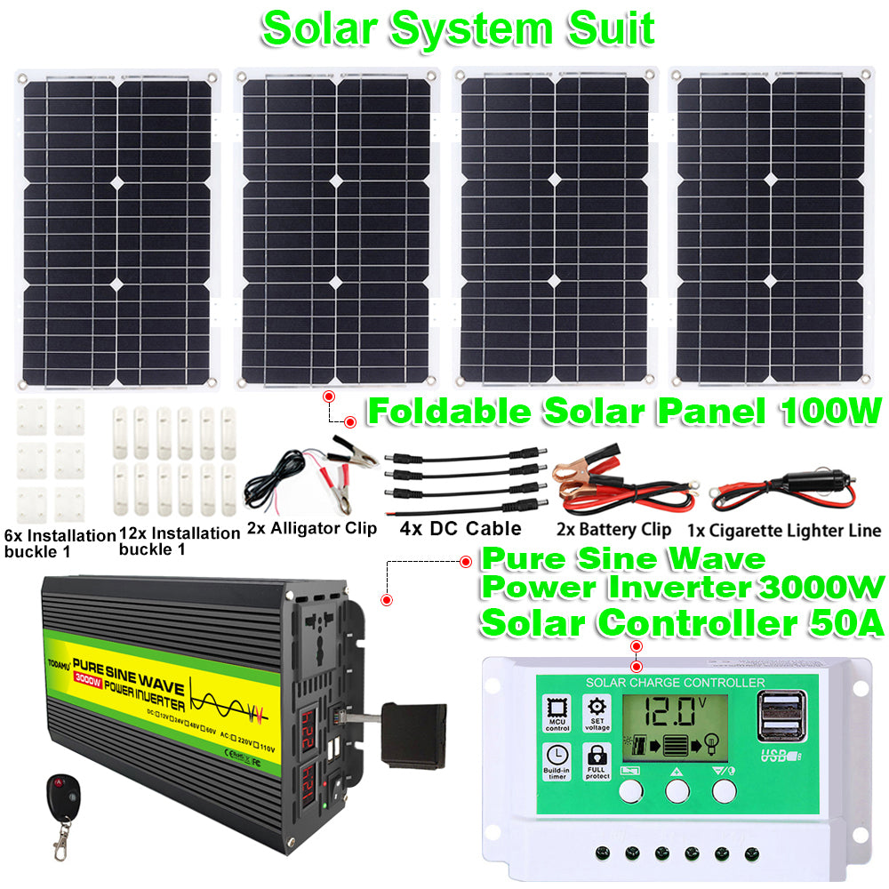 12V auf 220V/110V 3000W Reiner Sinus Wechselrichter mit Solarpanel und 50A Solarregler