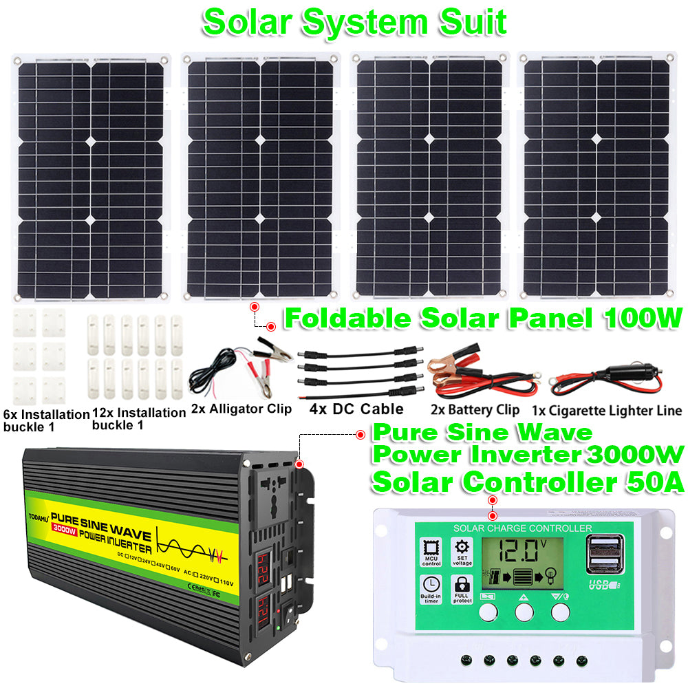 12V auf 220V/110V 3000W Reiner Sinus Wechselrichter mit Solarpanel und 50A Solarregler